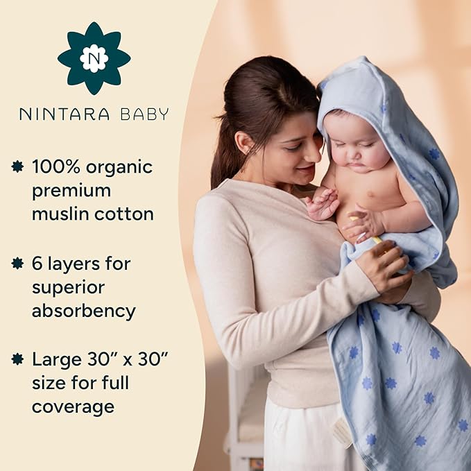 Hands-Free Hooded Towel - 100% Organic Premium Muslin Cotton, 30" x 30", Ultra-Absorbent, Soft, Breathable, Hypoallergenic, Multipurpose, Gifts for Babies & Infants