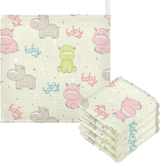 vvfelixl Baby Washcloths Cotton Cute Hippo Baby Muslin Washcloths Soft Baby Face Towel for Newborn Infants Baby Wipes, 11.8 X 11.8 Inch, 3 Pack Beige