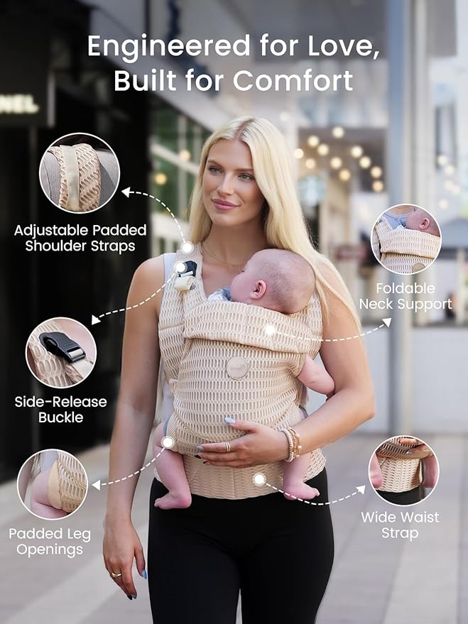 GROWNSY Baby Carrier Newborn to Toddler (7-44lbs), Ergonomic & Cozy Wraps Carrier with One-Click Buckle, Head Support for Hands-Free Comfort, Design for Infant to Toddler, Almond Beige