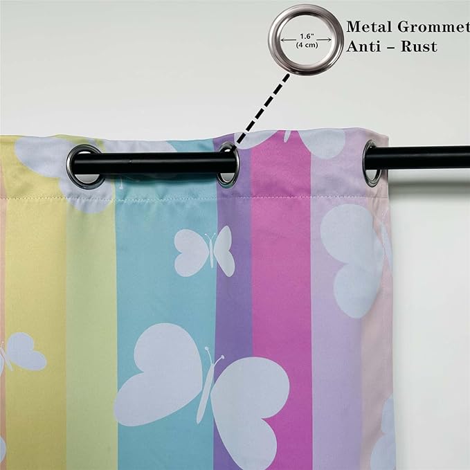 Rainbow Butterfly Blackout Curtains W52 x L84 Inch Grommet Room Darkening Window Drapes Girls Kids White Butterflies on Colorful Stripes Print Pattern for Living Room Bedroom 2 Panels