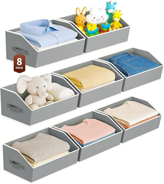 Large Closet Organizers and Storage Bins - 8 Pack Trapezoid Storage Baskets for Shelves, Foldable Fabric Baskets with Handles Ideal for Closet, Basket, Wardrobe and Shelf Storage, Grey