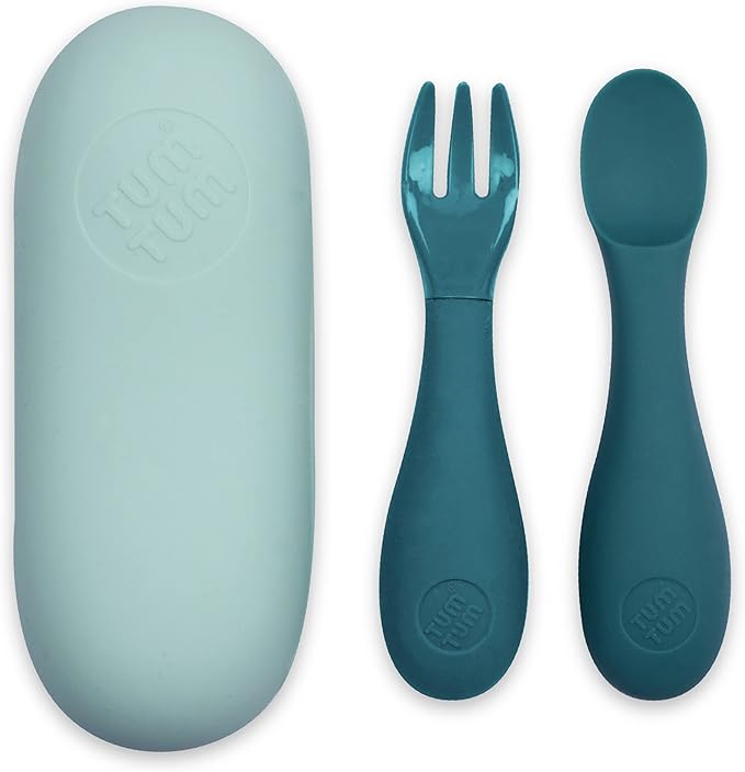 Tum Tum Baby Cutlery with Case, Silicone Spoon & Fork Set, Self Feeding Cutlery, 6+ Months, Blue