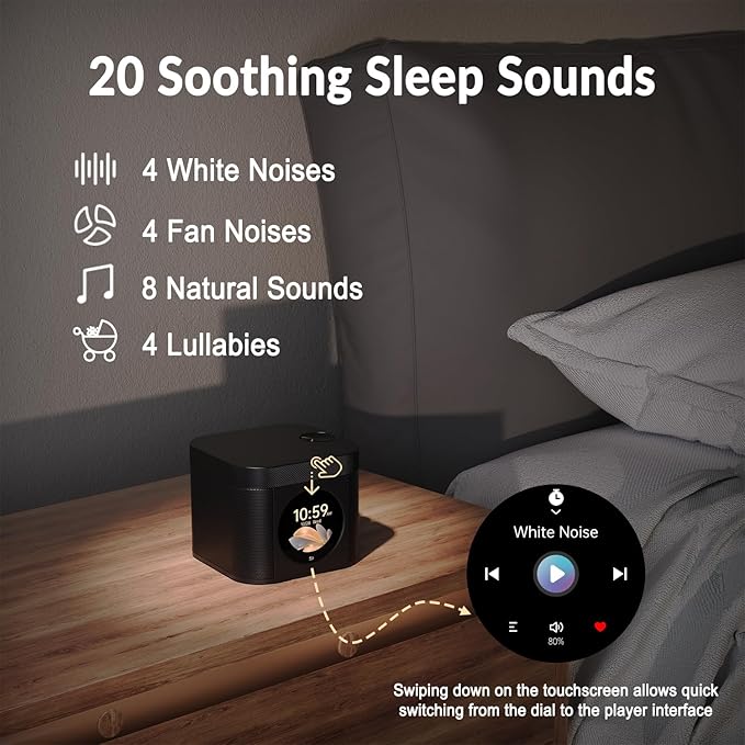 Kipcush Sleep Sound Machine - Dual Speakers, Tibetan Singing Bowls, 19 Soothing Tones, 20 White Noises, Visual & Auditory Breathing Guides | Deep Sleep, Anxiety Relief, Meditation, Rechargeable