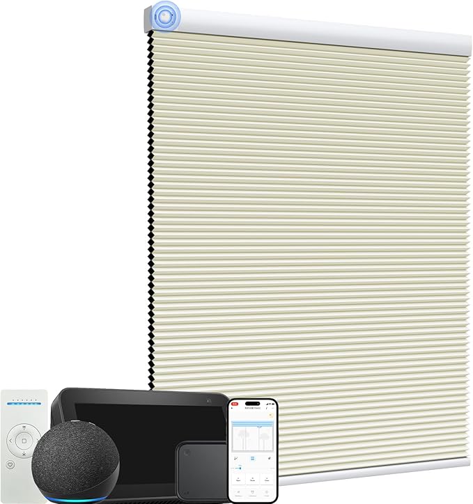 MYshade Motorized Cellular Shades - Smart Blinds Compatible with Alexa/Google Home/SmartThings, 100% Blackout Rechargeable Cordless Honeycomb Blinds, Custom-Size Auto Shades for Windows (Beige)