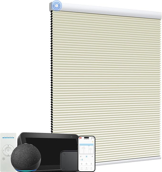 MYshade Motorized Cellular Shades - Smart Blinds Compatible with Alexa/Google Home/SmartThings, 100% Blackout Rechargeable Cordless Honeycomb Blinds, Custom-Size Auto Shades for Windows (Beige)