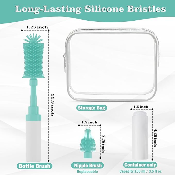 ZTX Push-to-Foam Silicone Bottle Brush Set - One-Press Rich Foam for Baby Bottles, Breast Pump Parts & Nipples - with Detachable Nipple Brush & Portable Travel Storage Bag, Blue