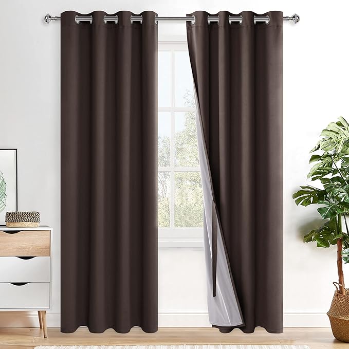 XWZO 100% Blackout Curtains 84 Inches Long with Tiebacks- Heat and Full Light Blocking, Noise Reducing Window Panels with Grommets for Bedroom/Nursery, Brown, W52 x L84, Set of 2