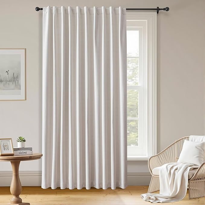 100% Blackout Curtains 108 inch Length 1 Panel Faux Linen Long Drapes for Bedroom Living Room Black Out Room Darkening Curtain Thermal Insulated Back Tab Rod Pocket(W100 x L108, Natural)