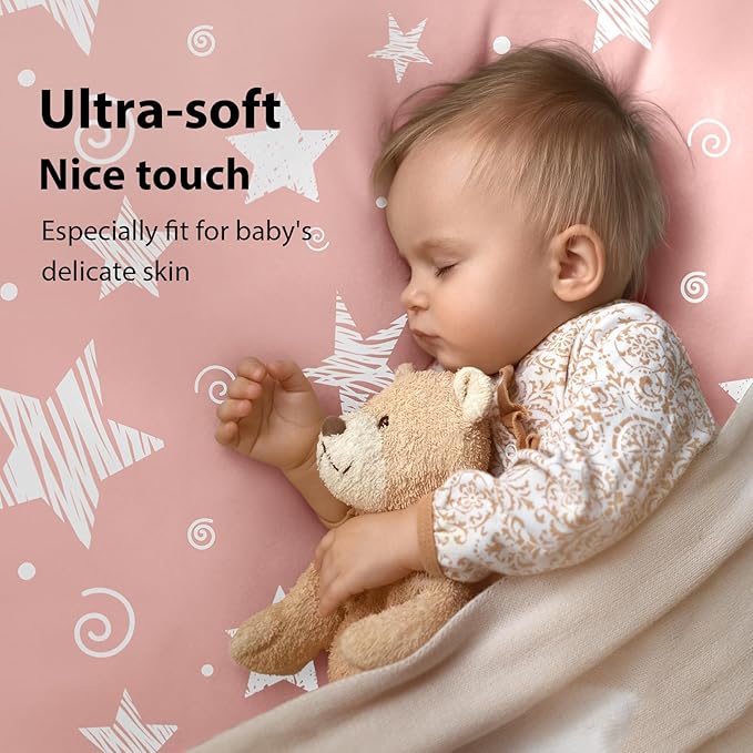 Baby Crib Sheets Girl, 3 Pack Toddler Bed Sheets Fit for 52”x28” Standard Crib and Toddler Mattresses, Super Soft Microfiber Pink Stars