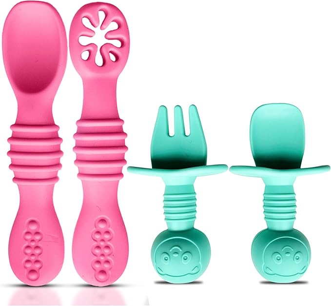 HippoBaby 4pc Silicone Baby Spoons Self Feeding Baby Utensils 6-12 Months - 3 Baby Spoon - 1 Baby Fork - Toddler Cutlery Set - BPA Free, Dishwasher Safe - Baby Eating Essentials (Pink/Blue)