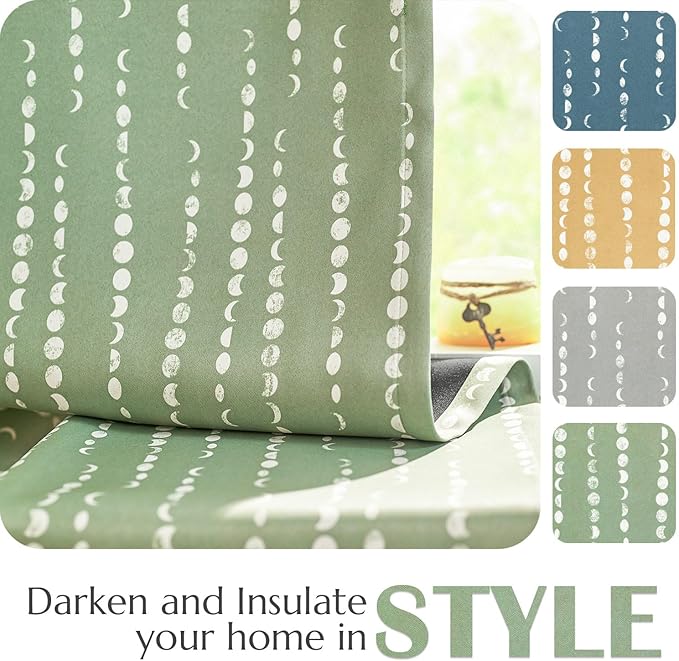 jinchan 95% Blackout Bohemian Moon Phase Print Bedroom Curtains 96 Inch Long Sage Green Pole Mouth Rear Label Insulation for Nursery Curtain Set 2 Panels