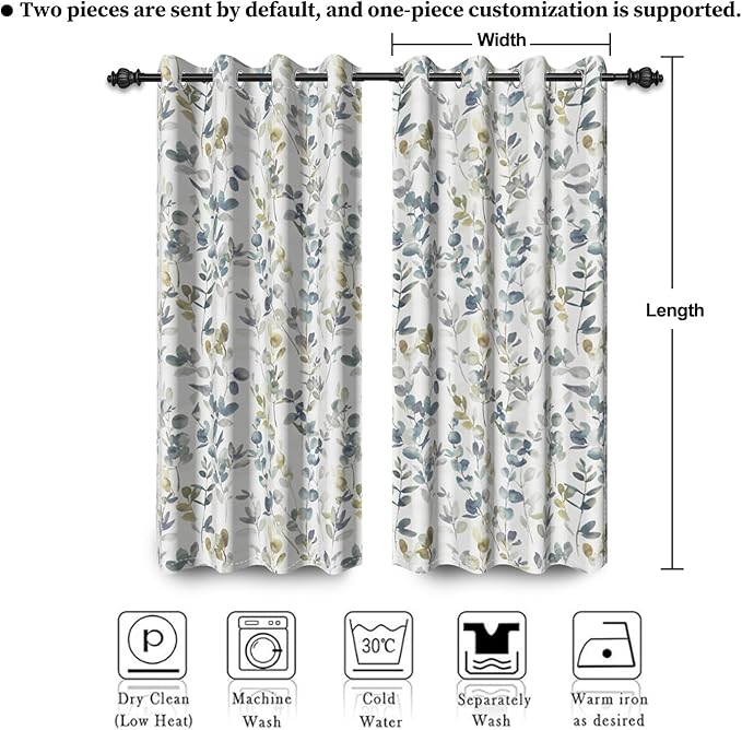 Renaiss Botanical Herbs Blackout Curtains, Vintage Eucalyptus Leaf Thermal Insulated Bedroom Window Curtains, Classical Gray Plants Window Drapes for Living Room, 108" L x 53" W 2 Panel Set