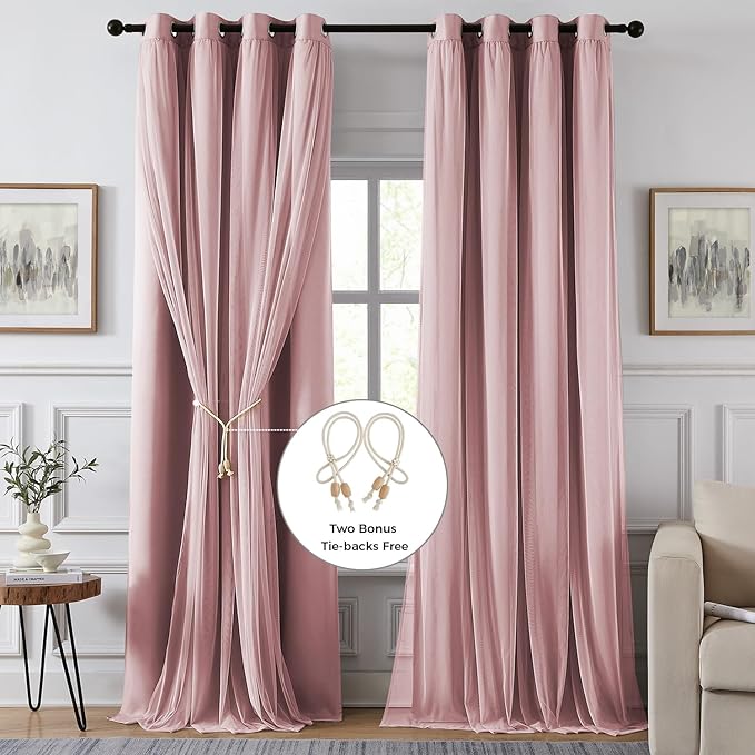 100% Blackout Curtains for Bedroom, Double Layer Pink Curtains, Black Out Curtain 63 inch Long with Sheer Overlay for Living Room, Room Darkening Window Drapes with Grommet, 52" W x 63" L