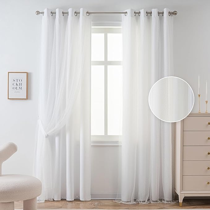 MYSKY HOME White Curtains for Girls Bedroom & Nursery Kids Cute Curtains Double Layer with Polka Dots Sheer, Grommet Tops, 52x95 Inch Each Panel, 2 Panels