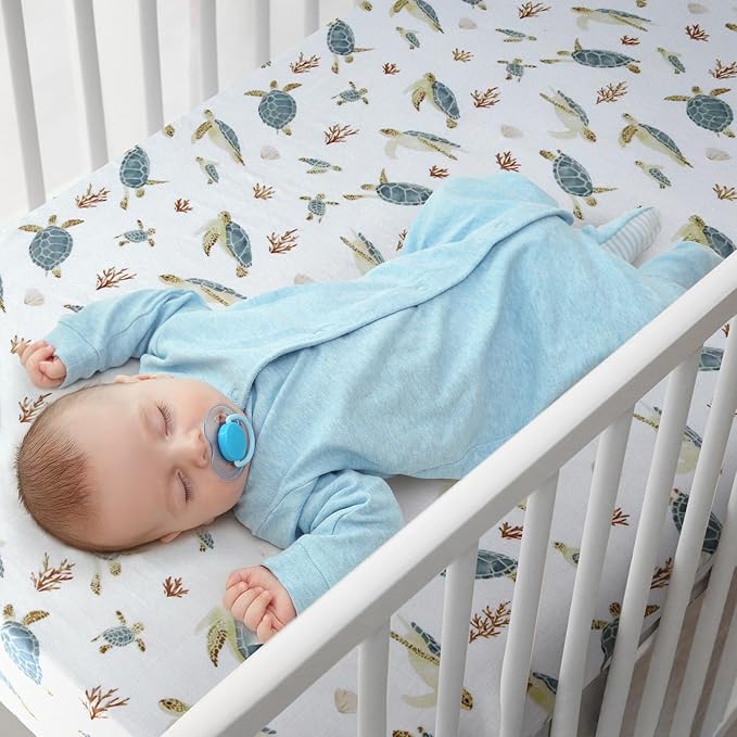 LifeTree Crib Sheets for Baby Unisex - Muslin Fitted Crib Sheets Toddler Bed Sheet, 70% Viscose from Bamboo and 30% Cotton, Fits Standard Crib, Sea Turtle, 28in x 52in