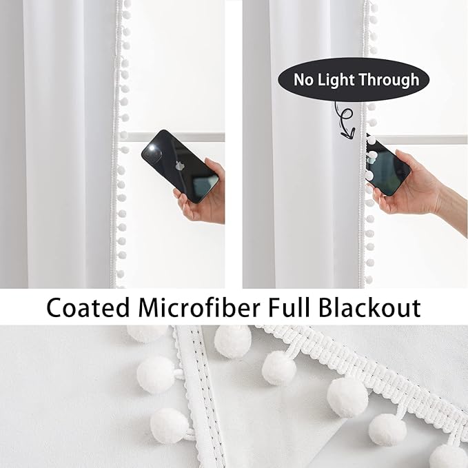 Treatmentex White Blackout Curtains for Living Room 95 inch Energy Saving Window Curtains Pom Pom Thermal Curtains Triple Weave Nursery Girl's Room Curtains 52" W Rod Pocket 1 Pair