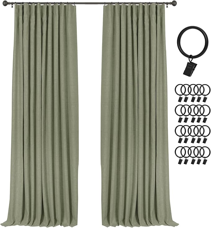 INOVADAY 100% Blackout Curtains for Bedroom, Black Out Curtains 108 Inch Long, Polyester Blackout Drapes, Thermal Insulated Room Darkening for Living Room, 2 Panels - Light Sage Green, W50xL108