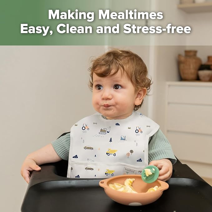 haakaa Waterproof Baby Bibs for Eating, Soft & Lightweight Toddler Bibs with Food Pocket, Easy Wipe Clean, Ages 6–24M, 2 Pack