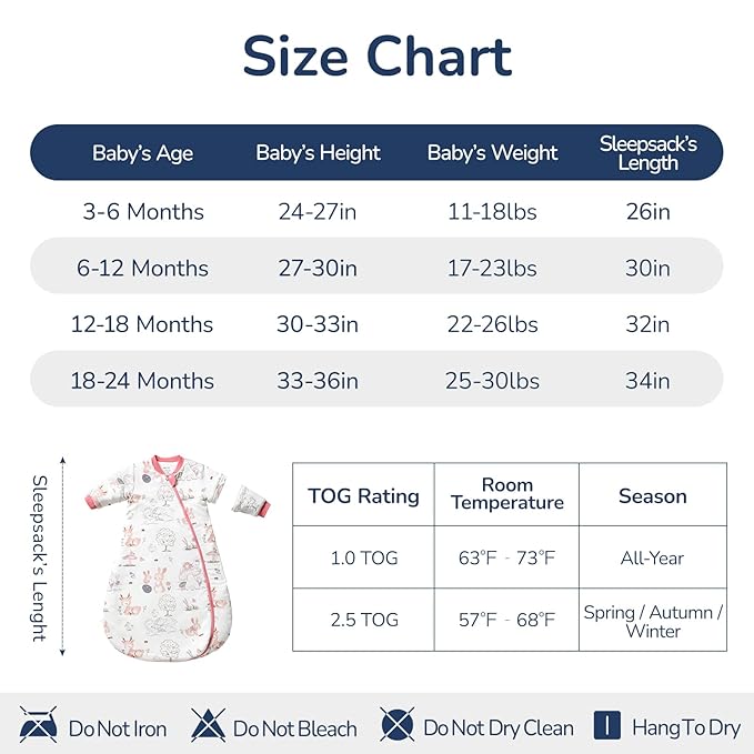 Baby Sleep Sack 18–24 Months, 2.5 TOG Warm Cotton Sleep Sack with Detachable Long Sleeves, Winter Wearable Blanket for Cold Nights, 2-Way Zipper Toddler Sleeping Sack, Bunny