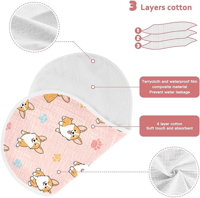 Qinllo 2 Pack Muslin Burp Cloths Cute Dogs Pink Cotton Baby Burp Cloths Ultra Soft Burping Cloth Absorbent Spit Up Rags for Baby Boys Girls 22x11 Inch