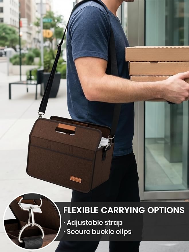 Fluxynara 6-Cup Reusable Felt Drink Carrier with Handle and Adjustable Shoulder Strap, Drink Holder for Car, Multi-Cup Drink Carrier Bag for Delivery, Travel, Picnics (Coffee Brown)