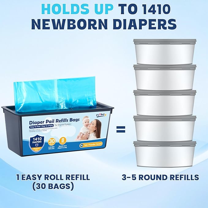 FURWEY Diaper Pail Refill Bags 30 Bags Per Refill Holds Up to 1410 Newborn Diapers 7 Layer Odor Barrier Technology 1PACK (30 Bags)