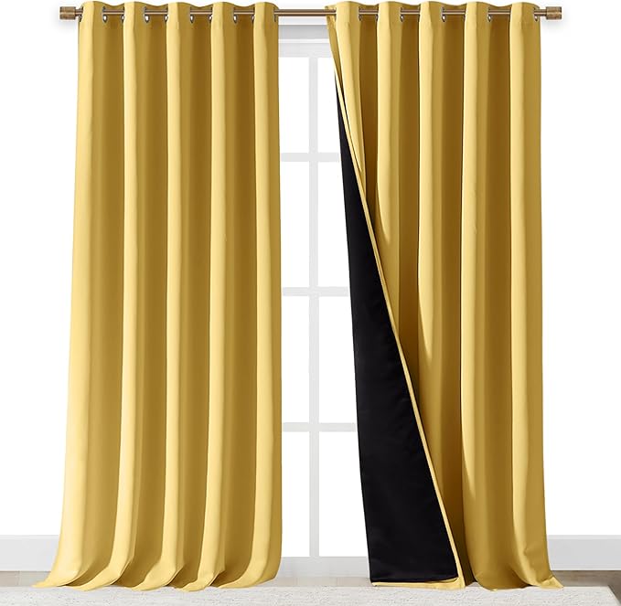 NICETOWN 100% Blackout Blinds, Laundry Room Decor Window Treatment Curtains for Large Patio Sliding Door, Thermal Insulated Bright Yellow Curtains for Bedroom, Set of 2, 70 inches x 108 inches