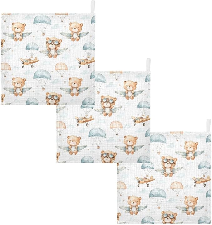 vvfelixl Baby Muslin Washcloths Cute Bear Pilot Baby Burp Cloths Cotton Babys Face Towel for Newborn Infants Boys Girls Soft and Absorbent 11.8 X 11.8 in, 3 Pack