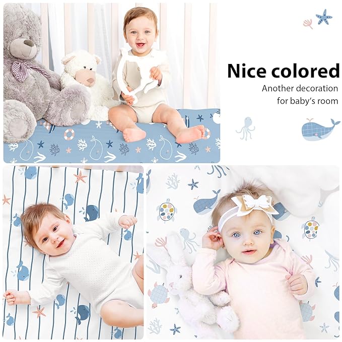 Baby Mini Crib Sheets Boy, Portable 38”x26” Pack and Play Sheets Fitted for Playard and Pack N Play Mattress, 3-Pack Soft Microfiber Blue Ocean Whale