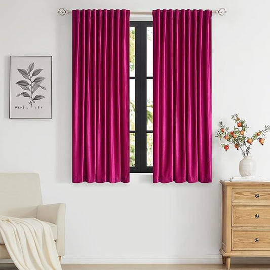 PRIMROSE Hot Pink Velvet Curtains 63 inch Long for Living Room,Set of 2 Panels Blackout Rod Pocket Back Tab Window Treatment Room Darkening Heavy Decorative Curtains Drapes for Bedroom