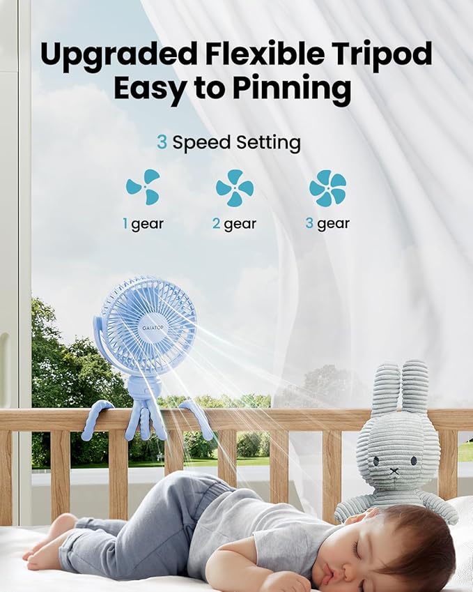 Gaiatop Mini Portable Stroller Fan, Battery Operated Small Clip on, Detachable 3 Speed Rechargeable, 360° Rotate Flexible Tripod Better Cooling for Car Seat Crib Treadmill Travel Blue