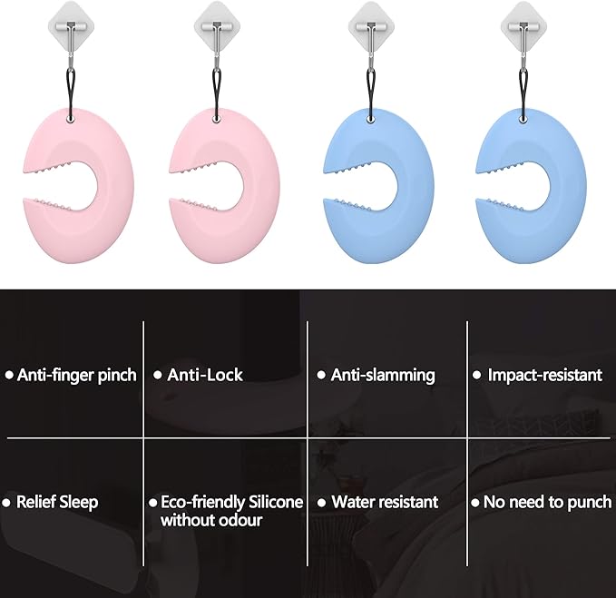 Door Pinch Guard and Door Slam Stopper, Durable Silicone Door Finger Pinch Guard, Prevents Slamming on Even Heavy Doors, Non-Toxic & Pet Friendly, 4 Packs （2 Pink 2 Blue）