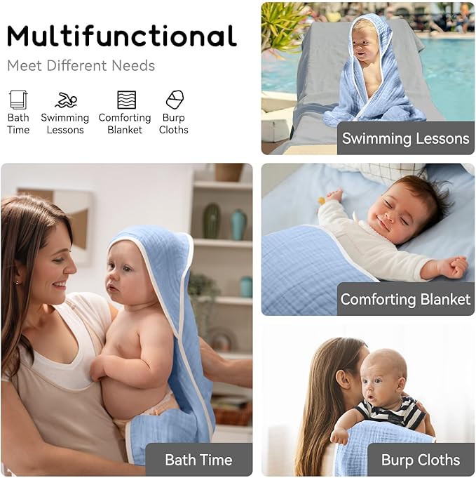 2 Pack Baby Hooded Bath Towel - 100% Muslin Cotton, 32x32 Inch, Gray & Blue with White Trim, Soft Absorbent Newborn Infant Toddler Towel