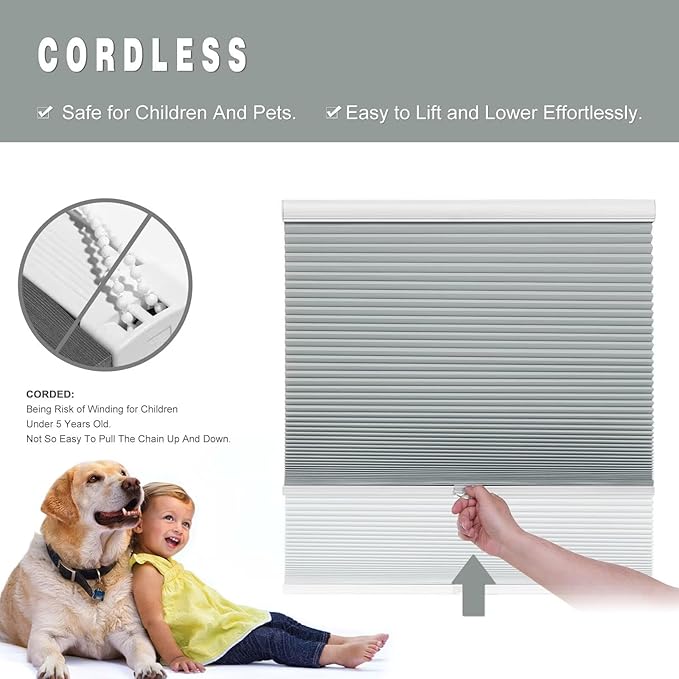 Changshade Cellular Shades Cordless Blackout Blinds for Indoor Windows, Thermal Insulated 1.5 Inch Honeycomb Blind Room Darkening Heat Light Blocking Pleated Blind, Easy to Install, 32" Wx72 H, Grey