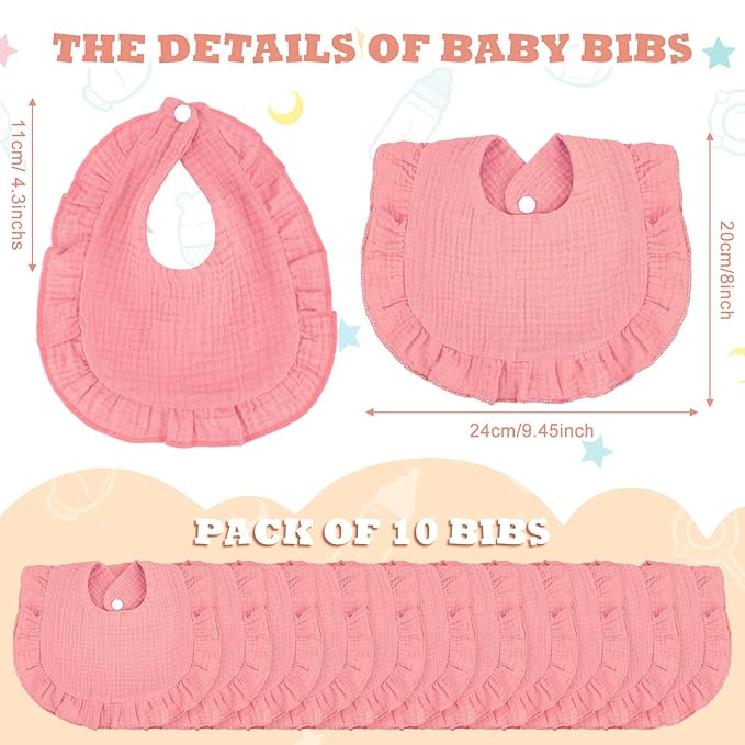 Seematn 10 Pcs Baby Muslin Bibs for Unisex Girls & Boys Drool Bibs Bandana Ruffle Soft Cotton for Newborn Infants Toddlers(Pink)