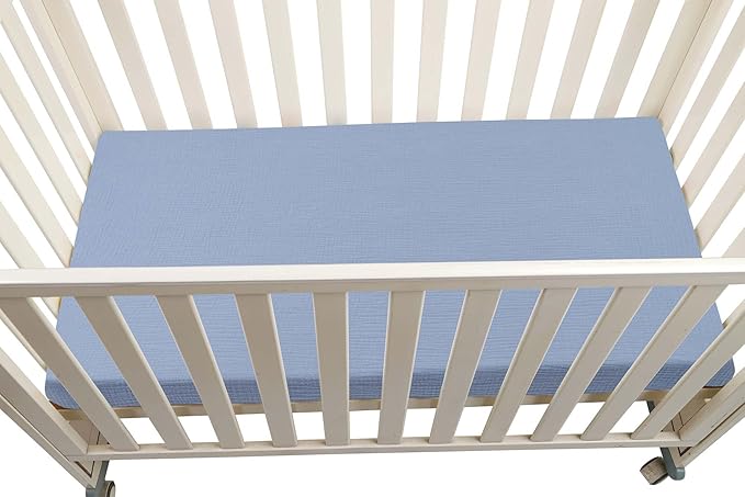 Onacosht Muslin Mini Crib Sheets, 39" x 27" Pack and Play Mattress Sheets Fitted for Pack N Play, Soft Cotton for Boys Girls, 2 Pack, Car and Solid Blue