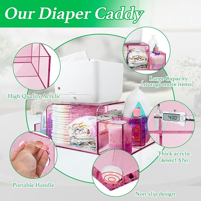 Acrylic Diaper Caddy, Baby Wipes Organizer for Changing Table, Dresser Top Tabletop Organizer with 4 Detachable Compartments, Anti-slip Rubber Feet, Newborn Baby Essentials, Red
