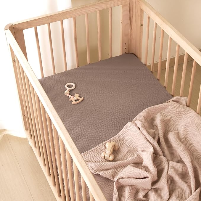 TILLYOU 2 Pack Muslin Crib Sheets for Boys and Girls, 100% Cotton Fitted Crib Sheet for Toddler 52x28 Standard Crib Mattress, Grey Brown and Light Brown