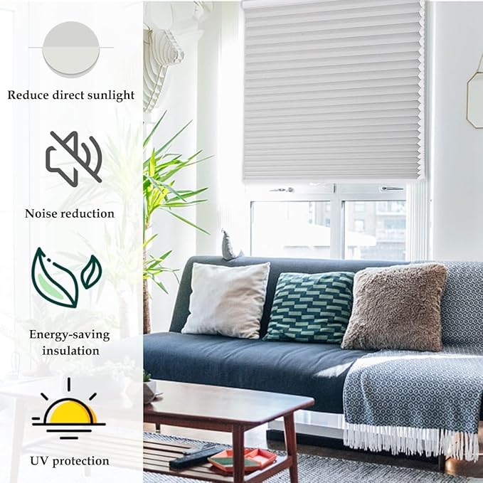 MYshade 1.5-Inch Cellular Cordless Light Filtering Shades, Honeycomb Window Blinds for Soft Daylight & Privacy, Thermal Insulation, Child Safe, Inside or Outside Mount (34" W x 72" H, Grey)