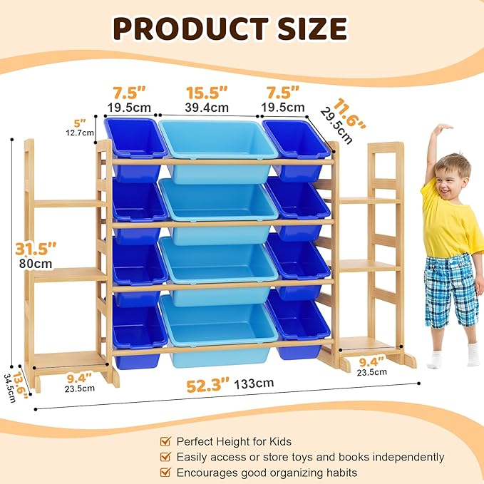 Large Toy Storage Organizer Kids Toy Organizer and Bookshelf Combo with 12 Bins and 6 Shelves Toy Organization Box Toy Shelf for Playroom, Bedroom, Nursery