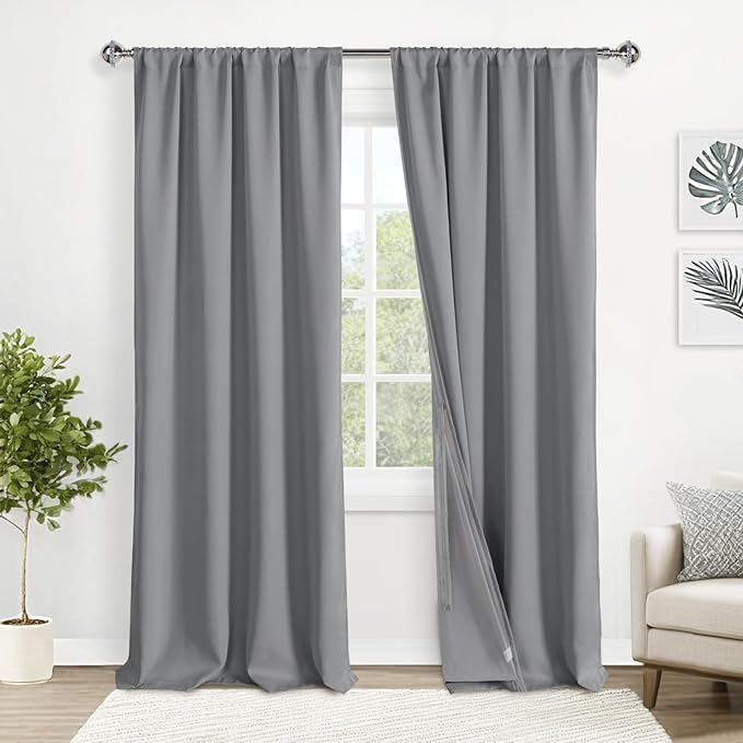 XWZO 100% Blackout Curtains with Tiebacks- Heat and Light Blocking Rod Pocket & Back Tab Window Drapes with Black Liner Backing for Bedroom/Kid's Room, Light Grey, W52 x L108, Set of 2 Panels
