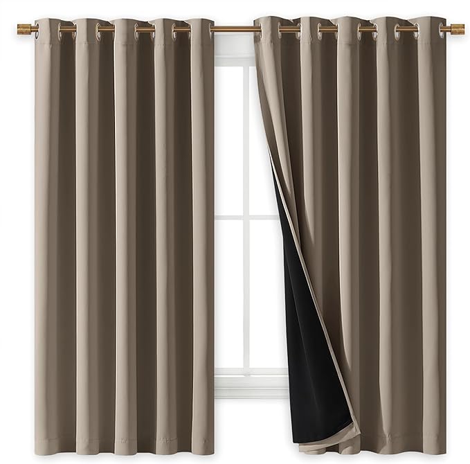 NICETOWN 100% Blackout Curtains with Black Liners, Thermal Insulated Full Blackout 2-Layer Lined Drapes, Energy Efficiency Window Draperies for Bedroom (Taupe, 2 Panels, 70-inch W by 63-inch L)
