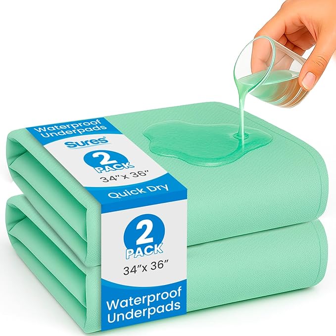 Sures Washable, Waterproof Bed Pad & Mattress Protector for Incontinence (34" x 36" - 2 Pack) - Reusable Bed Pad for Adults & Elderly - Bed Wetting Protection Mattress Pad - Underpad Bedwetting Sheet