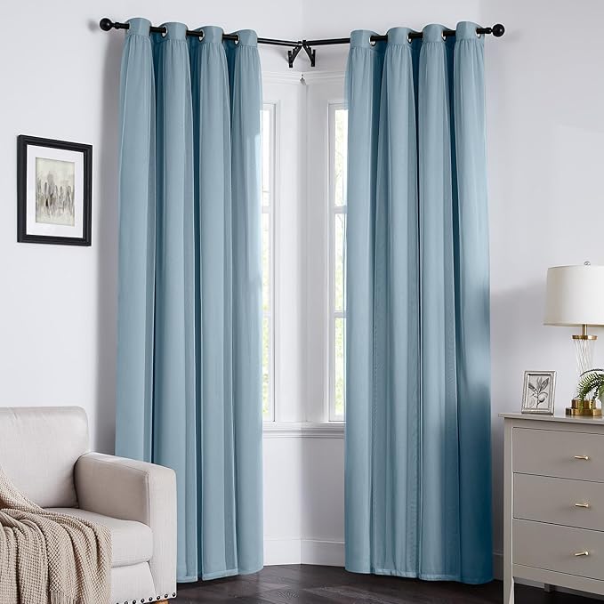100% Blackout Curtains for Bedroom, Double Layer Blue Curtains, Black Out Curtain 96 inch Long with Sheer Overlay for Living Room, Room Darkening Window Drapes with Grommet, 52" W x 96" L
