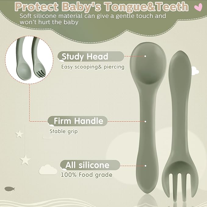 6 Pieces Silicone Baby Feeding Forks and Spoons Set Hot Safety First Stage Self Feeding Supplies Mini Kids Utensils for Over 6 Months Babies Boy Girl Toddlers First Foods (Neutral Color)