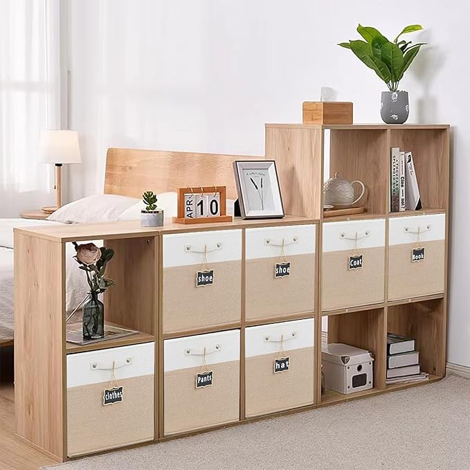 Foldable Fabric Storage Cubes with Labels, Linen Cube Storage Organizer Bins for Kallax Storage - Set of 4 (12 x 12) in White Khaki