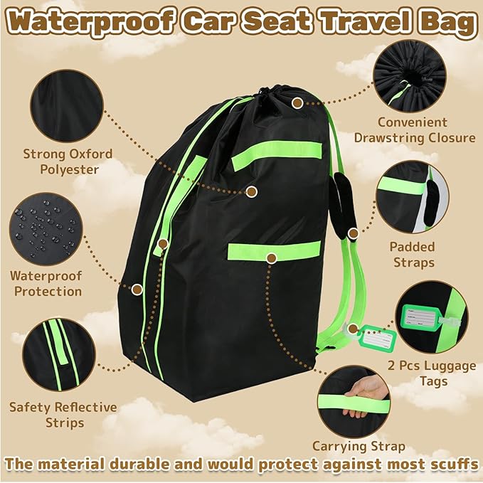 Carseat Bag for Airplane Travel, Carseat Gate Check Bag, Durable Car Seat Cover Baby Travel and 2 Pcs Luggage Tags For Airplane, Perfect for Air Travel Family Vacations and Parent with Infants