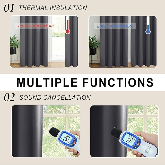 XWZO 100% Blackout Curtains with Tiebacks- Privacy Protection & Noise Blocking Window Draperies with Black Liner for Bedroom/Office, Rod Pocket & Back Tab, Dark Grey, W52 x L54 Inches Long, Set of 2