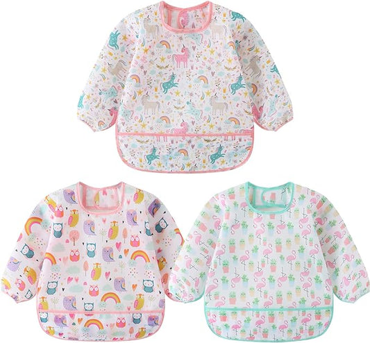 HaimoBurg 3 Pcs Waterproof Long Sleeves Baby Bibs Weaning Smock Bib 3-24 Months