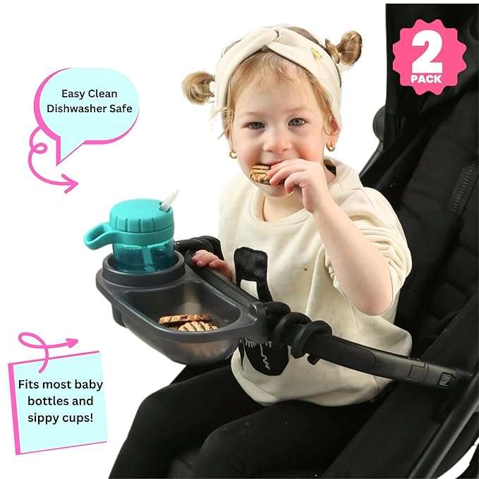 Swanoo Universal Stroller Snack Tray | Pack of 2 | Compatible with Nuna | Stroller Cup Holder | Bumper Bar | Stroller Tray Attachment with Cups Holder for Baby Toddler | Stroller Accessories